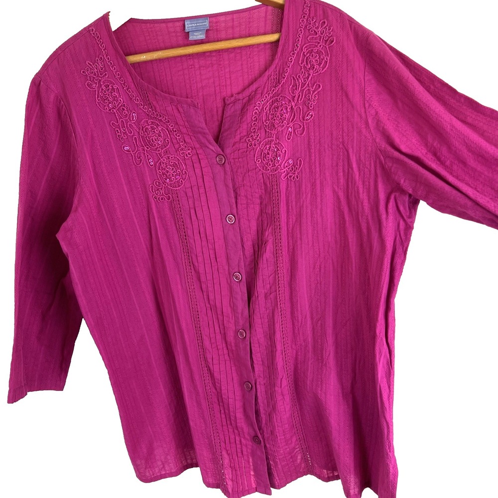 Laura Scott Boho Top Size Extra Large Pink Embroidered Peasant Button Up 3/4 - Picture 2 of 14